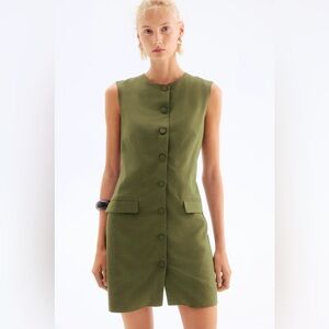 Sleeveless Olive Green Button-Front Vest Dress